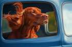 Irish setter dog with head out car window.  (AI Generated) Art Print